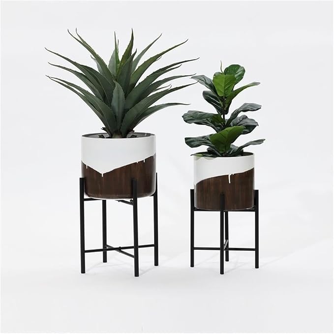 LuxenHome Modern Planter Pots, Set of 2 Planters for Indoor Plants, White and Brown Large Planters with Black Metal Stand, Flower Pots for Living Room, Office, Garden or Balcony, 10.25 & 12.5 Inch