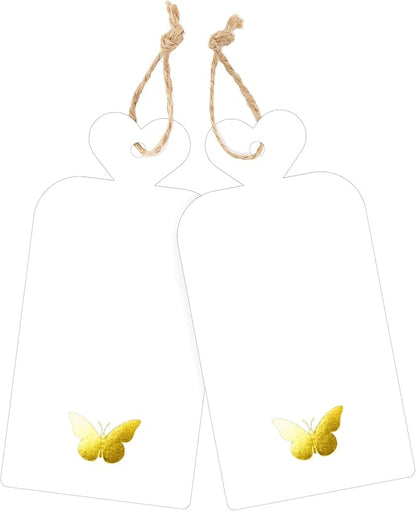 joycraft 100Pcs Gift Tags with String, 4x2 in Blank Tags with Gold Foil Butterfly, White Paper Labels for Birthday, Wedding, Baby Shower, Valentine’ s Day, Christmas