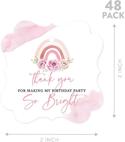 Andaz Press Fancy Frame Kids Party Favor Thank You Tags with String, 48-Pack Floral Rainbow Birthday Gift Tags for Gift Bags, Favor Bags, Goody Bags, Girls Boho Birthday, 1st Birthday Party Favors