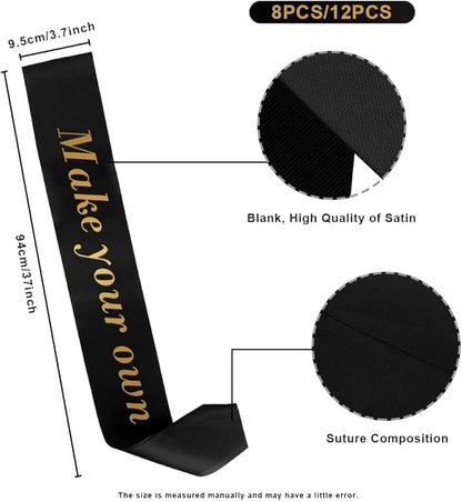 12pcs Black Blank Sash for Birthday Prom Queen Homecoming Pageant Senior Christmas Bride Party Supplies Groom To Be President Sash Party Favors Satin for Graduation Halloween