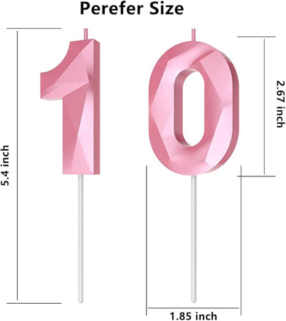 Number Birthday Candles(10 Candle Pink) 3D Diamond Shape 10th Happy Birthday Cake Topper Decorations for Girl Women Birthday Wedding Anniversary Celebration Theme Party Supplies