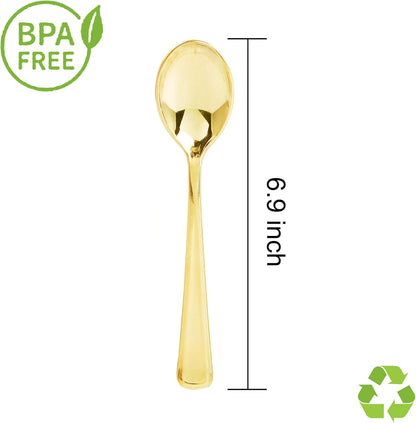 Liacere 200 Pack Gold Plastic Spoons - 6.7 inch Heavy Duty Plastic Spoons - Heavyweight Gold Disposable Spoons for Parties & Weddings & Restaurants & New Year & Fall Decor