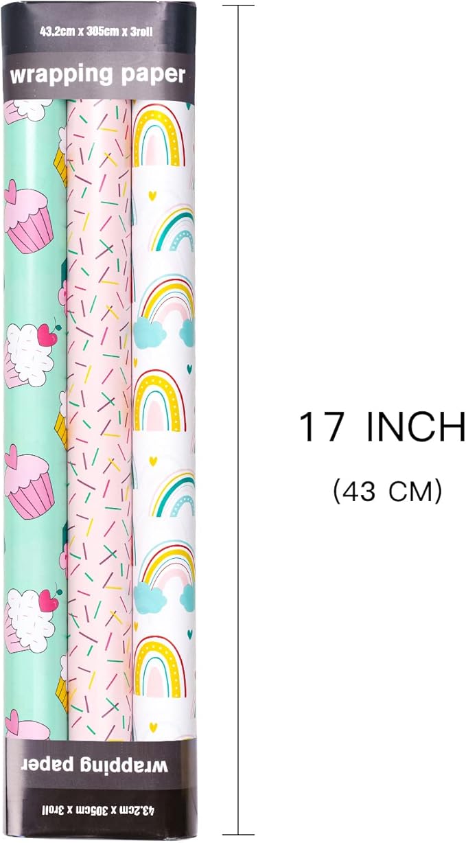 LeZakaa Mini Wrapping Paper Roll - Mini Roll - Cupcake/Rainbow/Colorful Stripe for Birthday, Party, Holiday, Baby Shower - 17 x 120 inches - 3 Rolls (42.5 sq.ft.ttl.)