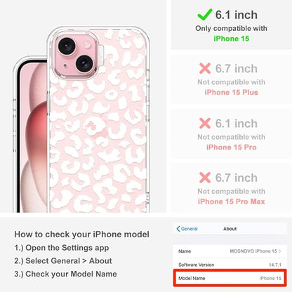 MOSNOVO Case for iPhone 15, [Buffertech 6.6ft Military-Grade Drop Protection] [Anti Peel Off Tech] Clear TPU Bumper Phone Case Cover Design - White Leopard Print