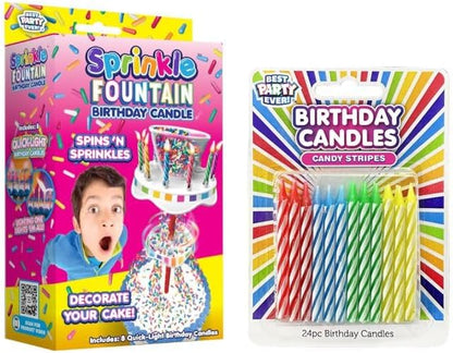 BEST PARTY EVER! Sprinkle Fountain Birthday Candle with 32 Candles, Reusable Spinning Birth Cay Cakes Topper, Decorate Your Cake in Sprinkles