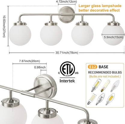 Bathroom Light Fixtures Over Mirror, Brushed Nickel Modern Vanity Lighting with Milk White Glass Globe Shades 4-Light Farmhouse Wall Sconce