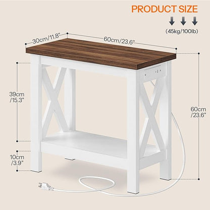 HOOBRO End Table with Charging Station, Farmhouse Narrow Side Table, 2-Tier