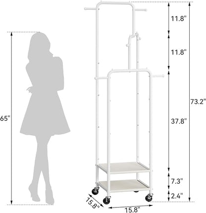 Chrislley Small Clothing Rack With Wheels, 71" Portable Rolling Garment Rack With 2 Shelves and 6 Hooks, 3-Section Different Heights Heavy Duty Metal Clothes Rack For Coats, Shirts, Bags, Shoes, White
