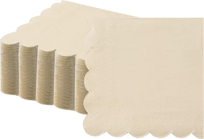 100 Cream Scalloped Cocktail Napkins, 3 Ply 5 x 5 Inch Beverage Napkins Paper Napkins Disposable Luncheon Napkins for Wedding Birthday Party Bridal Anniversary Baby Shower
