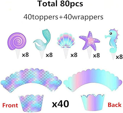 80 Pcs Mermaid Cupcake Wrappers Toppers, Include 40pcs Cake Topper and 40pcs Wrappers Double Side, Little Mermaid Theme Decoration Under The Sea Birthday Party Favor