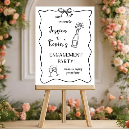 Black & White Bow Engagement Party Welcome Sign - Personalized Couples Yard Sign with Champagne & Glasses
