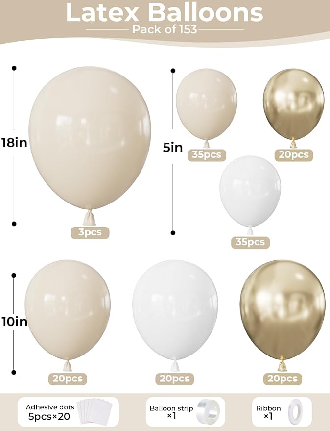 White Sand Gold Balloon Arch Garland Kit - 153Pcs Neutral Balloon Arch, White Beige Nude Balloons, Metallic Gold Latex Balloons for Birthday Baby Shower Baptism Wedding Boho Party Decorations