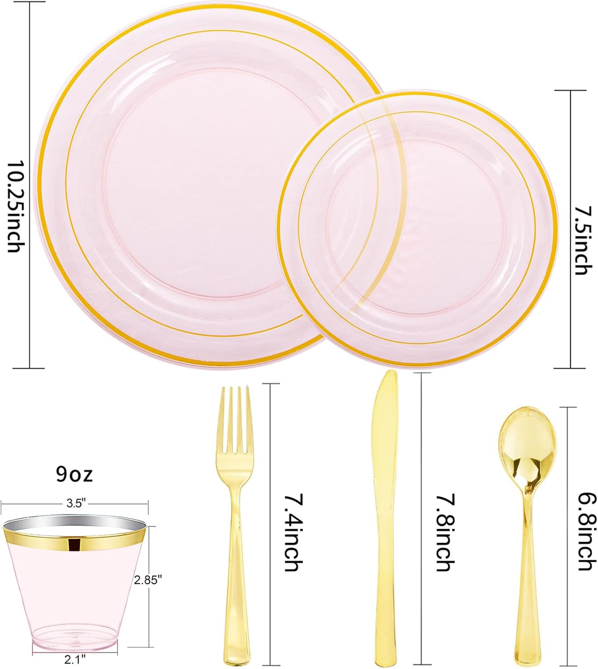 WELLIFE 350Pcs Clear-Pink Plastic Dinnerware- Pink and Gold Plastic Dinnerware include 50 Dinner Plates, 50 Dessert Plates, 150 Gold Silverware, 50 Cups and 50 Napkins Perfect for Parties