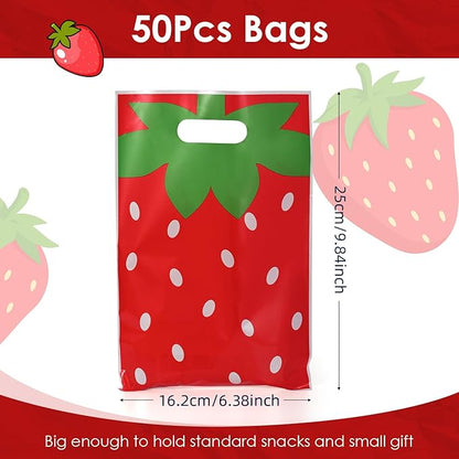 50 Pcs Strawberry Party Favor Bags with Handles - Plastic Treat Bags for Candy & Small Gifts, Bulk Supplies for Wedding Baby Shower Goodie Bags, Holiday Gift Bags for Thanksgiving Halloween Christmas New Years, Birthday Party Decorations