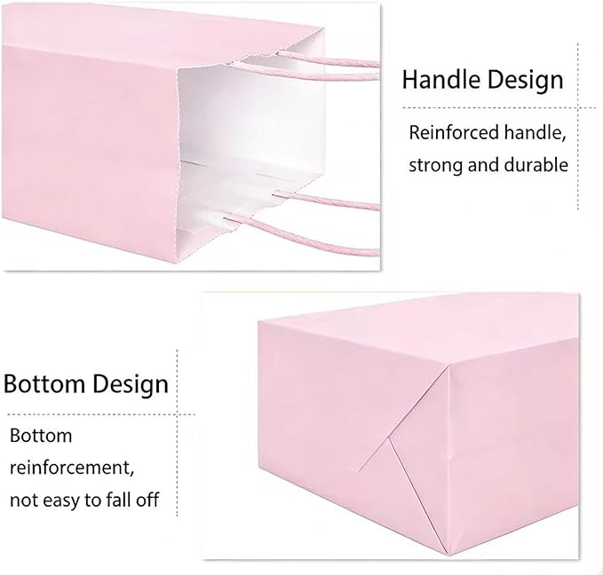 ADIDO EVA 25 Pcs Macaron Pink Gift Bags Small Paper Bags with Handles for Party Favor (8.2 x 6 x 3.1 in)