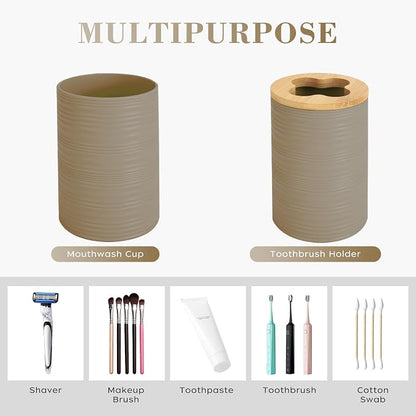 4 PCS Beige Bathroom Accessories Set, Includes a Soap Dispenser, Toothbrush Holder, Soap Dish and Mouthwash Cup, Plastics & Bamboo Bathroom Set, Bohemian Style Bathroom Sink Set
