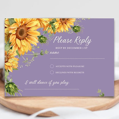 Preprinted Purple and Yellow Sunflower Wedding or Party RSVP Cards, Personalized Response Card Glossy Finish With White Envelopes, Set of 15 with Envelope, 5x3.5 inch Cards (Purple)