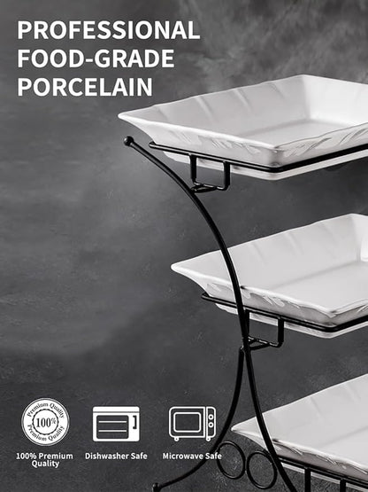 YHOSSEUN Large Tiered Tray Stand, 3 Tier Serving Tray Porcelain Baking Set with Serving Stand 3 Tier Buffet Server for Fruit, Dessert, Food Display Stand for Party, Thanksgiving