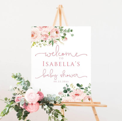 Pink Floral Decorative Signage for Girls' Baby Shower, Personalized Welcome Sign, Plastic, 4mm Thick, Editable Spring Flowers Design, Made in USA