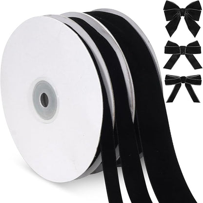 Black Velvet Ribbon, Vintage Christmas Velvet Ribbon for Gift Wrapping Christmas Tree Ornaments, 3 Rolls 3/8, 5/8, 1 inch Wide, 30 Yards Totally, Craft Ribbons Trim for Wedding Invitations, Wreaths