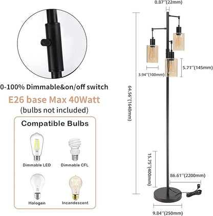 Farmhouse Floor Lamp, Dimmable Floor Lamp for Living Room, Rustic 3 Lights Oil Rubbed Bronze Tree Standing lamp, Vintage Tall Pole Lamp with Amber Glass Shade