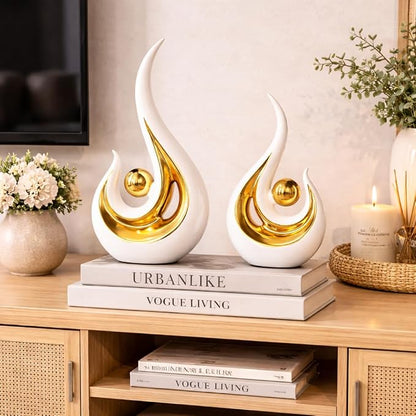 2Pcs Abstract Art Ceramic Statue, Modern White Gold Sculpture for Home Decor, Shelf Decorations Table Centerpiece for TV Stand, Console Table, Dining Room, Living Room, Office