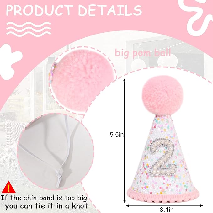 Pink 2nd Birthday Hat - Colorful Dots, Two Sweet Decor, Sprinkle Second Birthday