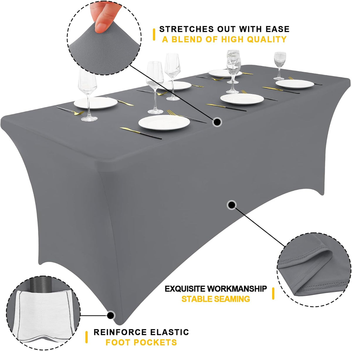 Smiry 2 Pack Spandex Table Cloth 6FT, Elastic Fitted Stretch Tablecloths, Washable and Wrinkle Free Rectangular Patio Table Cover for Outdoor, Wedding, Banquet & Parties (Grey, 72Lx30Wx30H Inch)