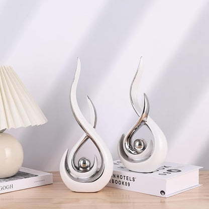 2PCS Abstract Art Ceramic Sculptures, Modern Decor Figurines for Living Room Decorative Objects, Sculptures Home Decor Set for Table, TV Stand, Entryway, Bookshelf Display (White Silver)
