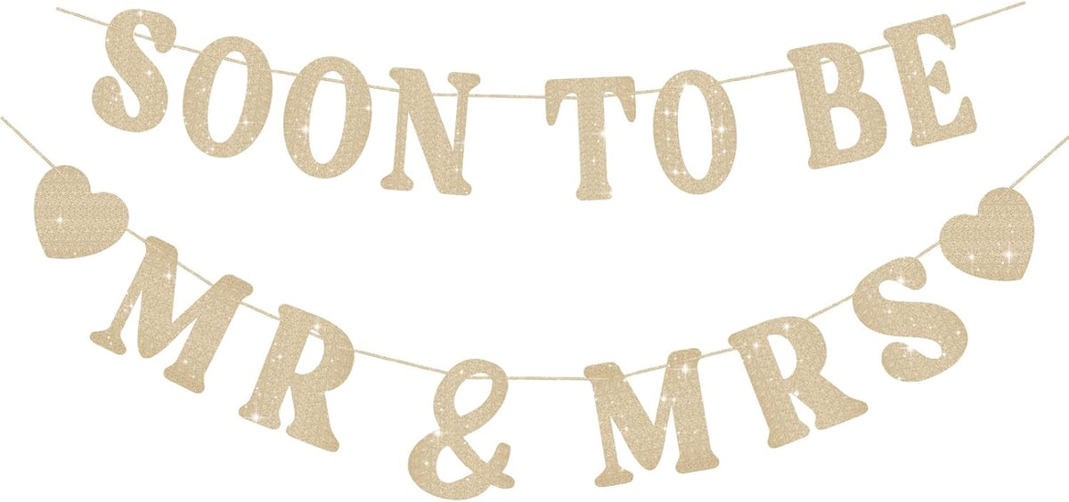 Soon To Be Mr & Mrs Sign Banner For Bridal Shower Decorations, Pre-strung Gold Glitter Wedding Shower Decorations For Home Party, Engagement Banner For Bachelorette Couples Shower