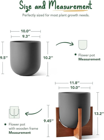 LE TAUCI 10 Inch Plant Pot with Acacia Wood Stand, Ceramic Planters for Indoor Plants, Plant Pots Indoor for Home Decor, Mid-Century Modern Pots for Plants with Drainage Hole and Plug, Charcoal Gray