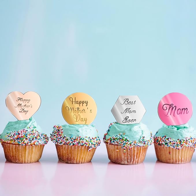 64pcs Happy Mother's Day Cake Topper, 4 Styles Acrylic Mothers Day Cupcake Topper Charm Mirror Disc Engraved Cake Decoration for Dessert Mom Birthday Party (4 Colors)