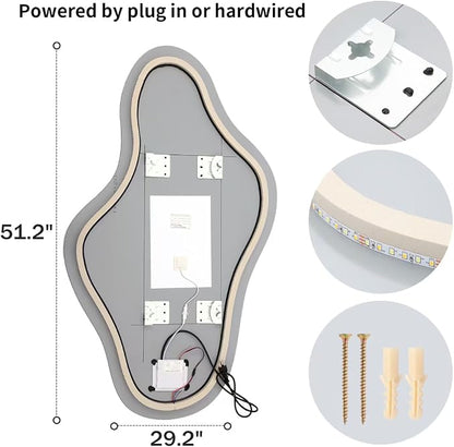 Modern Irregular LED Bathroom Mirror with Lights, Asymmetrical Frameless Smart Lighted Wall Mirror for Living Room Entryway, Large Decorative Makeup Vanity Mirror with Touch Switch(29.2″x51.2″)
