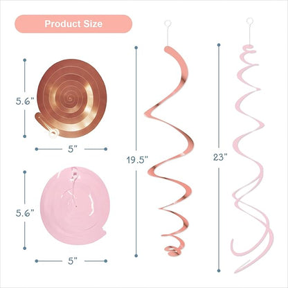HonuGoGo Pink Hanging Swirl Decorations for Party – 42PCS Rose Gold Foil Ceiling Streamers with Hooks for Birthday, Bridal Shower, Bachelorette, Holiday Celebrations