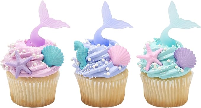 DECOPAC Mermaid Tail Wrap Cupcake Rings, Cake Toppers, Multicolored Food Safe Decorations For Parties– 24 Pack