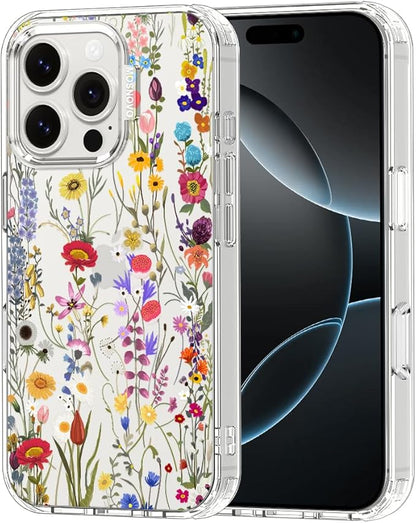 MOSNOVO Case for iPhone 16 Pro, [Buffertech 6.6ft Military-Grade Drop Protection] [Anti Peel Off Tech] Clear TPU Bumper Phone Case Cover Design - Wildflower Meadow