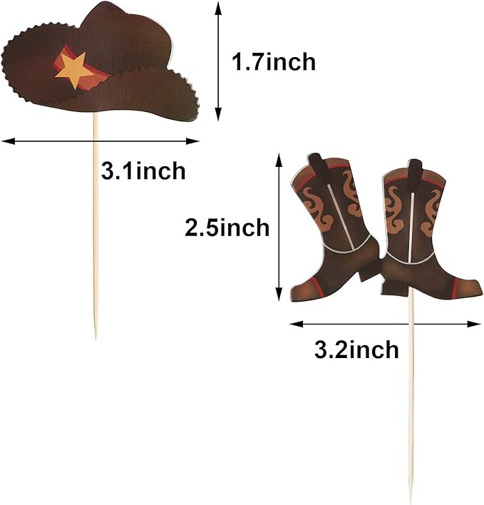 60 Pieces Cowboy or Cowgirl Hat and Boot Cupcake Toppers Western Birthday Cake Decorations Rodeo Cupcake Picks Baby Shower Toothpicks for Western Theme Party Favors Supplies (Brown)