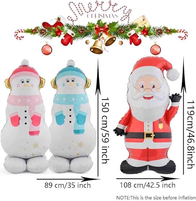 Christmas Ballooons Giant Standing Snowman Balloons Large Santa Claus Balloon with Base for Christmas-Themed Party Birthday Party Supplies Decorations 3 PCS