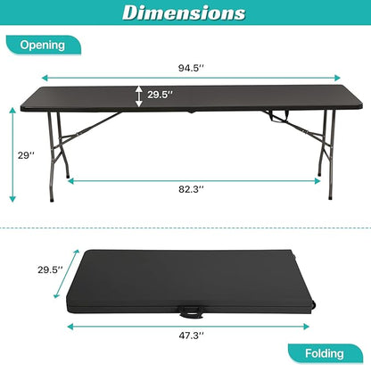 8Ft Folding Table - Heavy Duty Portable Camping Table for Backyard BBQ, Picnic Party, Tailgating & Indoor Events - Water-Resistant Top, Sturdy Steel Frame, Anti-Tip Design, Easy Clean, Black