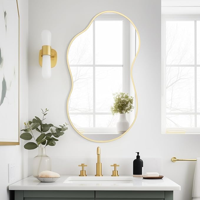 WallBeyond Gold Irregular Wall Mirror, Modern Asymmetrical Mirror Aluminum Frame for Bedroom, Bathroom, Living Room, and Entryway 36" H x 20" W (Gold)