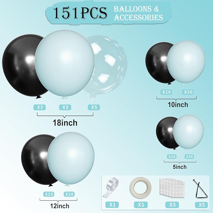 Macaron Blue and Black Balloons Arch Kit & Garland, 151Pcs Light Blue Black Bobo Different Size 18 12 10 5 inch for Boss Baby, Graduation, Birthday, Gaming Party Decorations
