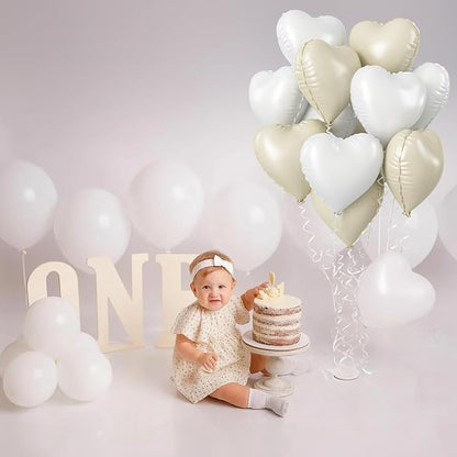Cream Heart Foil Balloon, 18 Inch Sand White Heart Shape Foil Balloon, Beige Heart Balloons with Grey White Helium Balloons for Valentines Day Boho Birthday Bridal Shower Wedding Baby Shower