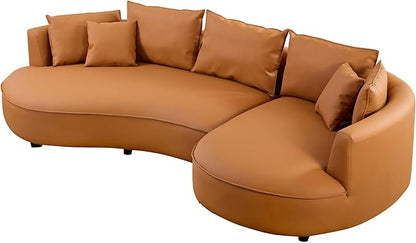 WILLIAMSPACE 124.8" Leather Curved Sofa Couch, Modern Upholstery Luxury Sofa with Pillows, Left Hand Facing Sectional Couch for Living Room (Right-Facing,Orange Leather)