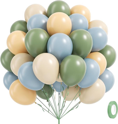 60pcs Sage Green Dusty Blue Balloons 12inch, Blue and Green Balloon with Nude Sand White Balloons for Wedding Anniversary Baby Shower Birthday Party Decorations