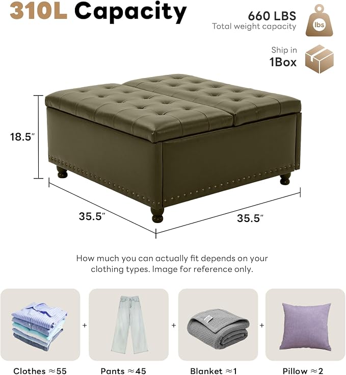 Tbfit Large Square Storage Ottoman Bench, Tufted Upholstered Coffee Table