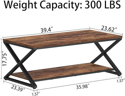HSH Wood Coffee Table with Storage, Farmhouse Rustic Brown Coffee Table