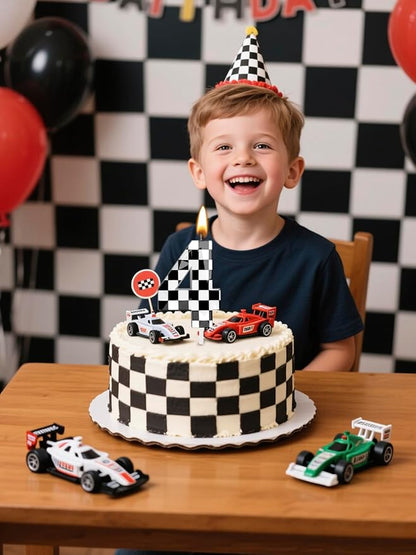 Number 4 Racing Cars Birthday Candles,2.68 Inch Black White Checkered Birthday Number Candles, Cool Racing Themed Number Candles for Boys and Girls, Kids Race Car Themed Party Decorations Supplies