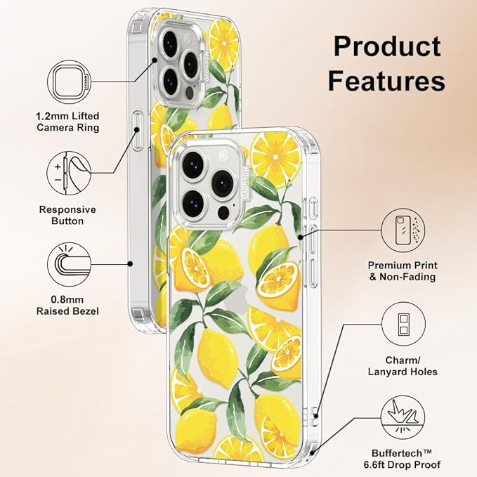 MOSNOVO Case for iPhone 15 Pro Max, [Buffertech 6.6ft Military-Grade Drop Protection] [Anti Peel Off Tech] Clear TPU Bumper Phone Case Cover Design - Lemon