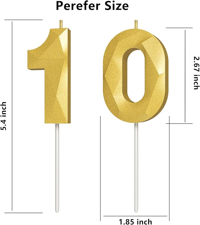 Number Birthday Candles(10 Candle Gold) 3D Diamond Shape Number Happy Birthday Cake Candles for Birthday Party Wedding Decoration Reunions Theme Party