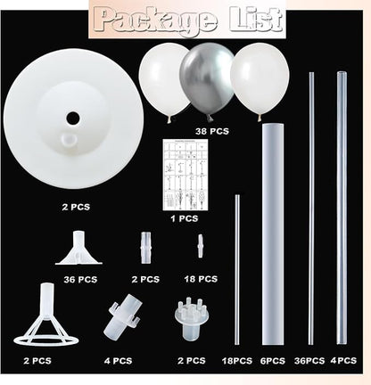 Balloon Column Kit Set of 2 With Balloons Included - with Base, and Pole,Balloon Tower Backdrop Decoration for Wedding, Baby Shower, Birthday Party, or Bachelorette Parties (Silver White)